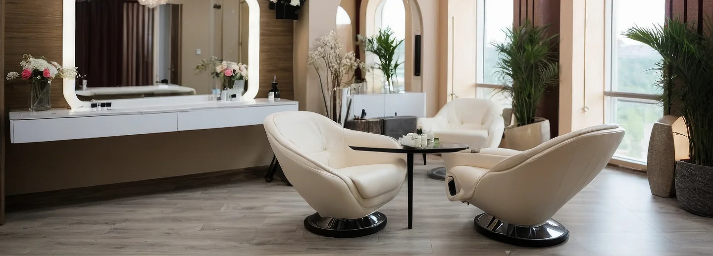 Elegante salon met moderne inrichting: crèmekleurige stoelen, gebogen ramen, grote spiegel, bloemige accenten en zachte verlichting. Een uitnodigende en serene sfeer.